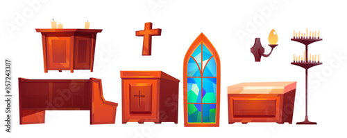 Vászonkép Catholic church inside interior stuff glass stained window, altar and wooden bench, cross, tribune, wall lamp, candles isolated on white background