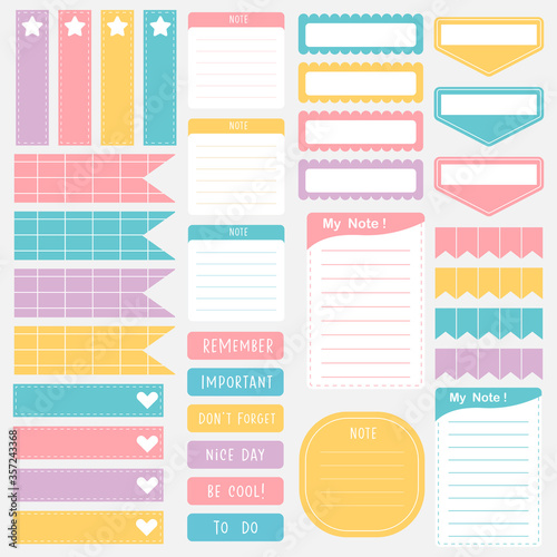 Cute paper notes in sweet color set. Printable planner stickers. Template for your message. Decorative planning element. Vector illustration.