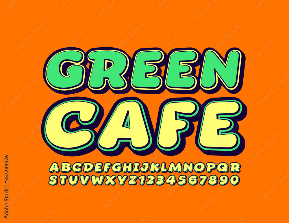 Vector creative logo Green Cafe with trendy Font. Yellow Alphabet Letters and Numbers