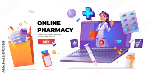 Online pharmacy banner. Online drugstore service. Vector cartoon banner with woman doctor or pharmacist on laptop screen, drugs, pills and buy button on white background