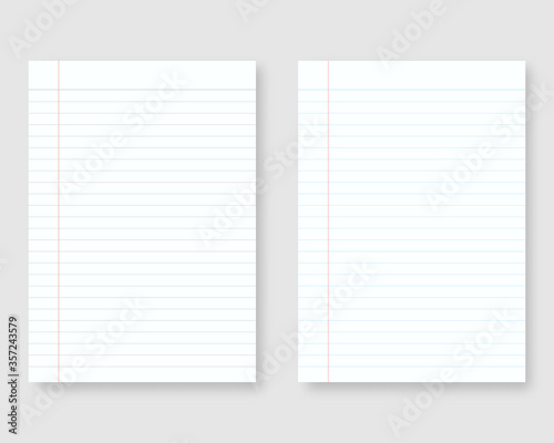 Notebook paper with line and margin. Sheet of lined paper template. Mockup isolated. Template design. Realistic vector illustration.
