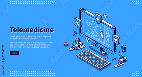 Telemedicine isometric landing page. Distance online medicine service, computer application, pc desktop screen with doctor messages chat and tablets on blue background, 3d vector line art web banner