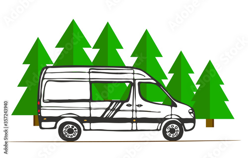 White van with forest in the background. Living van life, camping in nature, travelling icon. Illustration. 