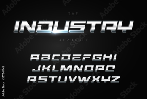 metallic letters geometric square alphabet heavy bold font with steel texture futuristic typography design font for logo headline monogram and poster