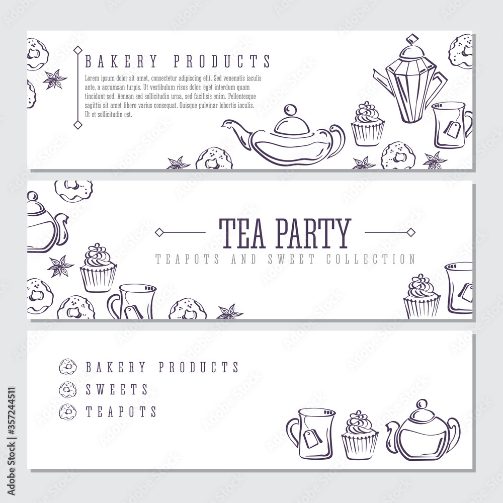Set of labels with isolated vector sketch of donuts, badyan, cupcakes, teapots and mugs Set of labels with isolated vector sketch of donuts, badyan, cupcakes, teapots and mugs