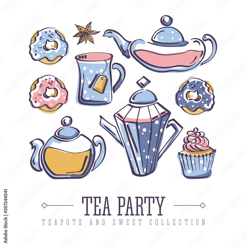 Set of isolated vector color sketches of donuts, badyan, cupcake, teapots and mug