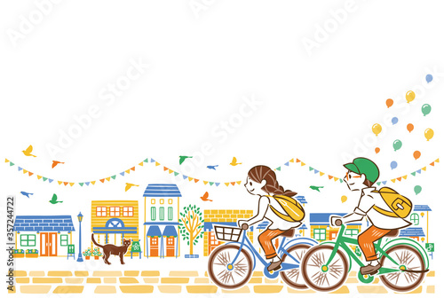 夏 街並み 自転車 カップル
