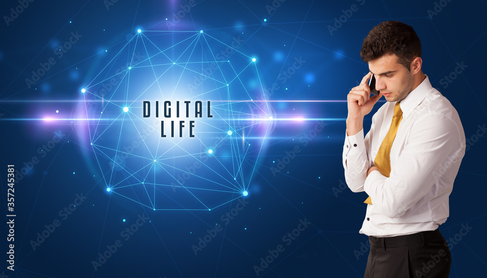 Businessman thinking about security solutions with DIGITAL LIFE inscription Businessman thinking about security solutions with DIGITAL LIFE inscription