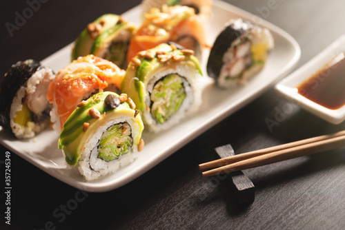 Traditional sushi roll set on plate