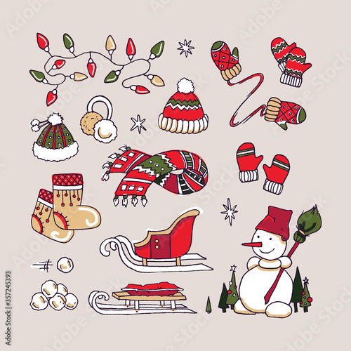 Christmas and New Year element collection. Winter accessories set. Snowman, sled, snow balls, knitted cap, mittens, scarf, earflaps, boots, colored lights garland, hand drawn, vector sketch, isolated.