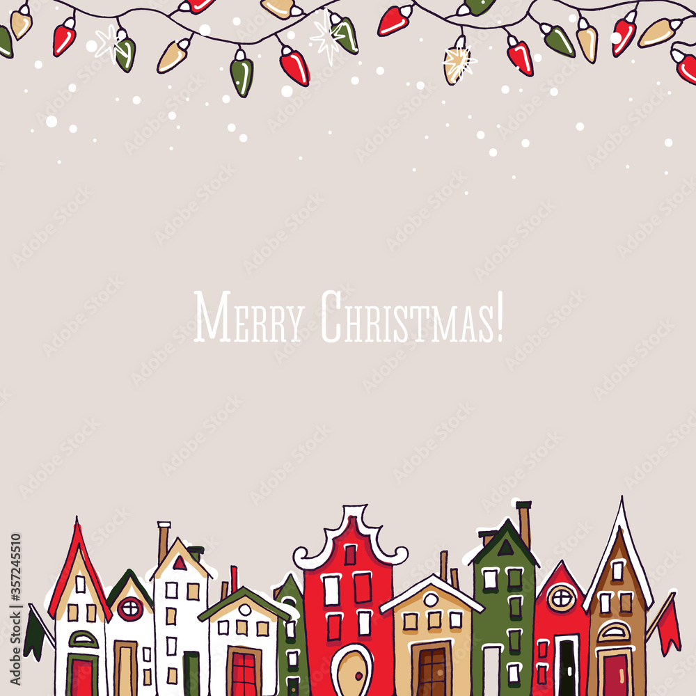 Christmas and New Year element collection. Winter buildings set. Colored, house facade, snow, roof, door, window, flag, colored lights, garland, hand drawn, vector sketch, isolated.