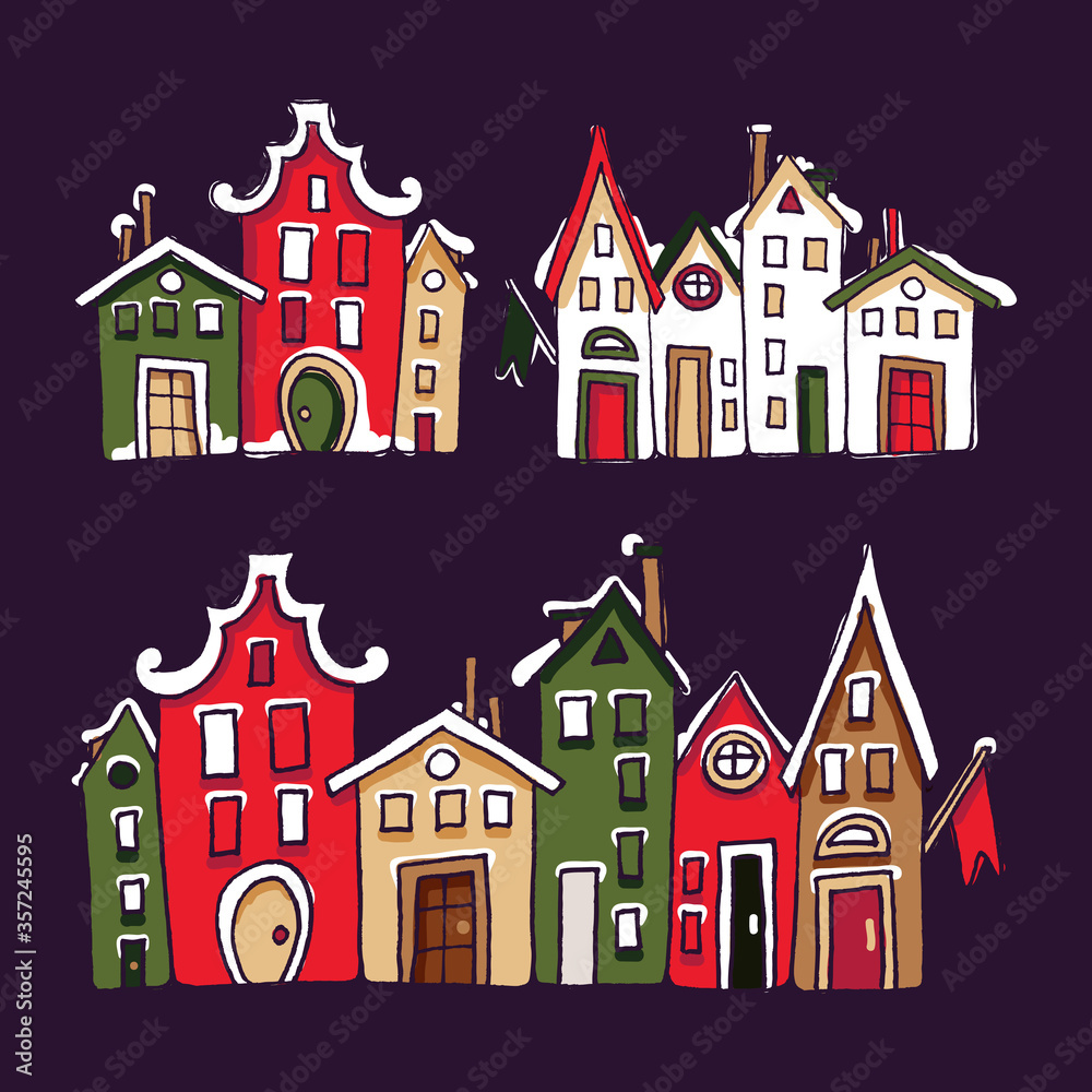 Christmas and New Year element collection. Winter buildings set. Colored, house facade, snow, roof, door, window, flag, dark background, hand drawn, vector sketch, isolated.