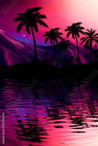 Photography Night landscape with palm trees, against the backdrop of a neon sunset, stars