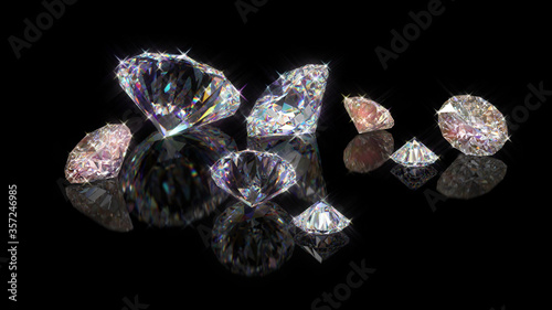 Group of fine beautiful shiny and sparkling diamonds on black