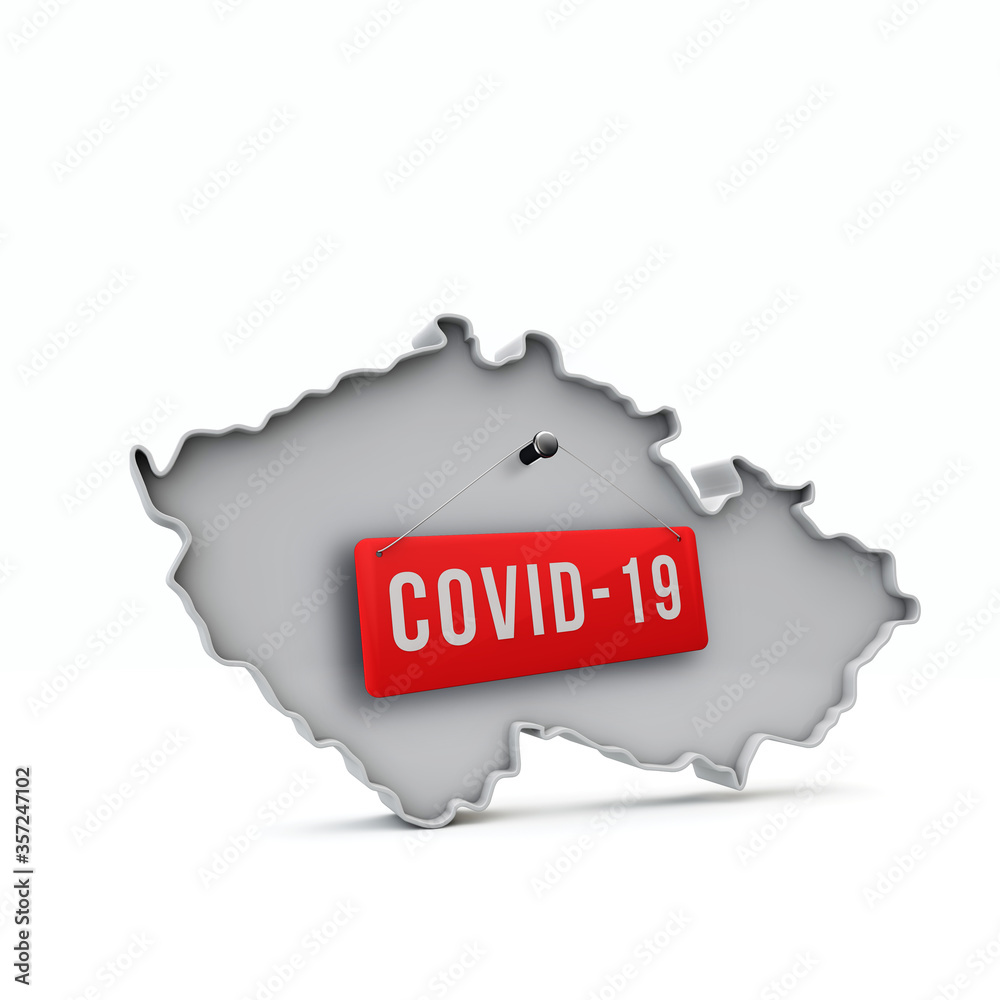 Czech Republic simple 3D map with covid-19 red label 3D Rendering.