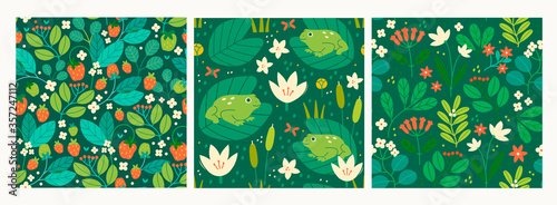 Various Branches, Flowers, Leaves, Frogs, Water Lillies. Hand drawn Vector illustrations. Design for fabric, textile, wrapping paper. Set of three Colorful Seamless Patterns, Wallpapers, Backgrounds