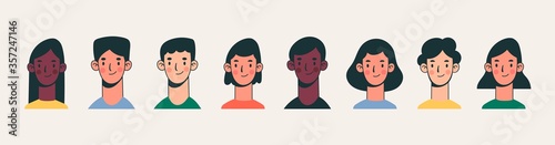 Heads and necks of boys and girls. Various haircuts. Young men and women. Colorful characters. People avatars. Hand drawn set of Vector Icons. Cartoon style, flat design. All elements are isolated