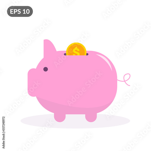 Pink piggy bank with falling golden dollar coin. Pink coin box