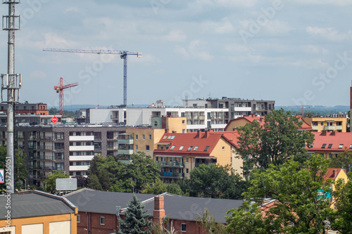 Wroclaw, Poland, June 12, 2020, aerial shot of Wroclaw blocks of flats in Różanka neighbourhood with visible works and cranes.