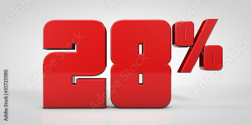 28% red text isolated on white background, 3d render illustration