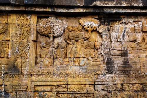 Carvin at the wall of Borobudur temple, Java, Indonesia photo