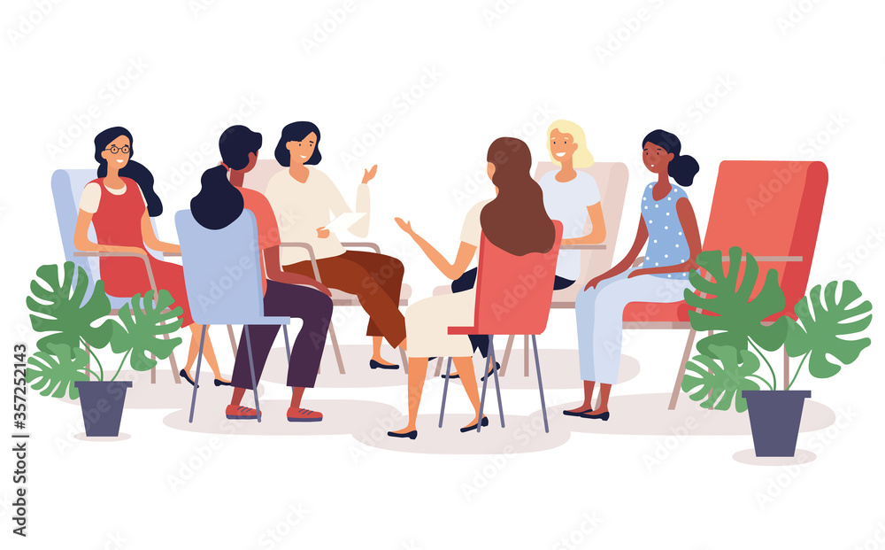 Group therapy session with diverse women seated in a circle having a heart to heart discussion , colored vector illustration Group therapy session with diverse women seated in a circle having a heart to heart discussion , colored vector illustration
