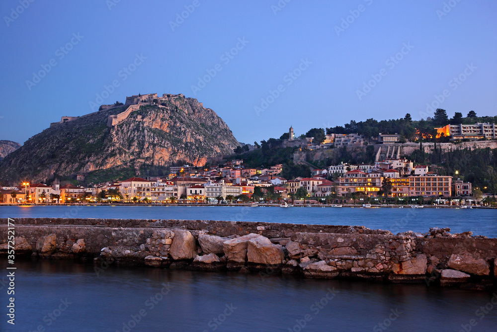 NAFPLIO TOWN, ARGOLIDA, PELOPONNESE, GREECE. View of the town from the islet of Bourtzi castle.