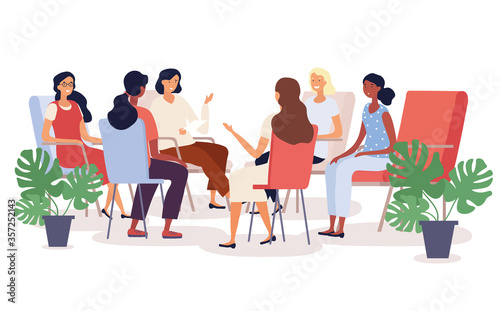 Group therapy session with diverse women seated in a circle having a heart to heart discussion , colored vector illustration