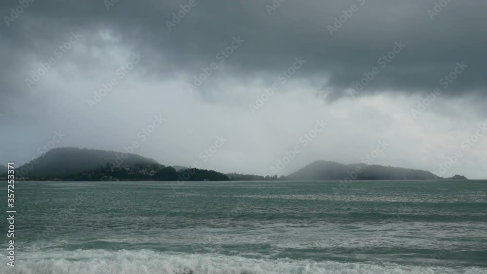 moving ripple sea wave water, raining in the ocean with dark cloud sky background