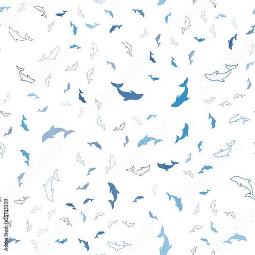 Dark BLUE vector seamless background with dolphins.