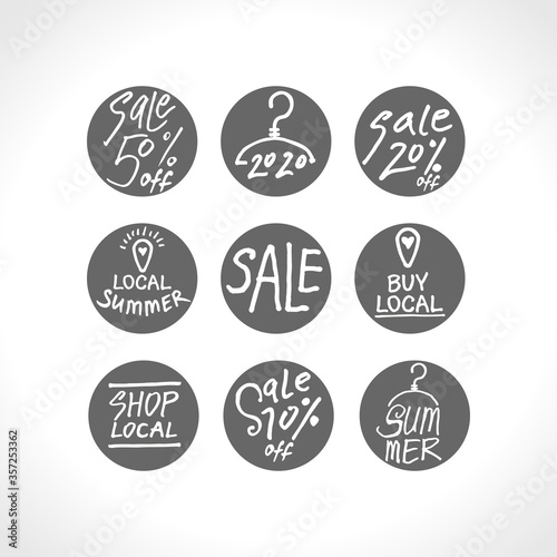 Set of nine vector round stickers for local summer sales. Buy local. 2020. Summer Sale. Hand drawn logos. Lettering for seasonal sale.
