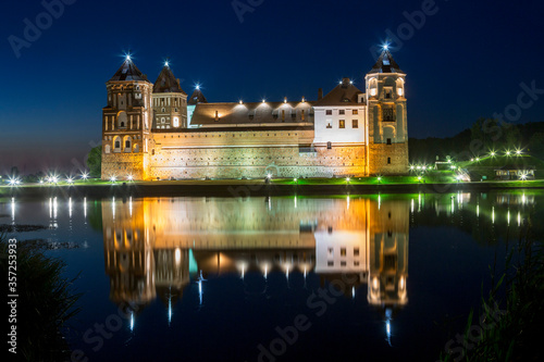 Mir Castle Belarus. Evening. Castle in the lighting lamps.