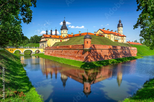 Nesvizh Castle. Belarus. Historical, palace and castle complex. Sunny summer day.