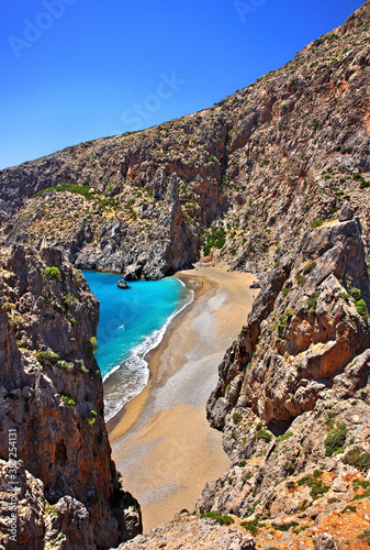 CRETE ISLAND, GREECE. Amazing beach at the exit of Agiofarago canyon, Municipality of Phaistos, Heraklion prefecture.