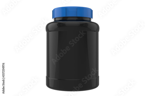 3d supplement jar mockup on white background, black jar with blue cap