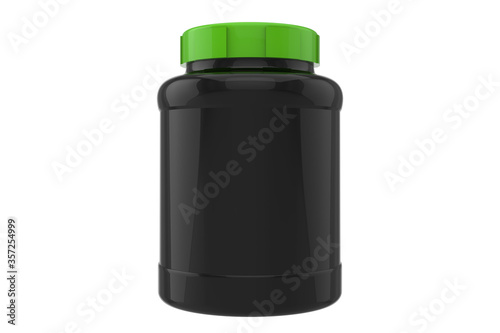 3d supplement jar mockup on white background, black jar with blue cap
