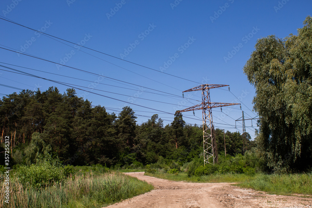 high voltage power lines in the forest