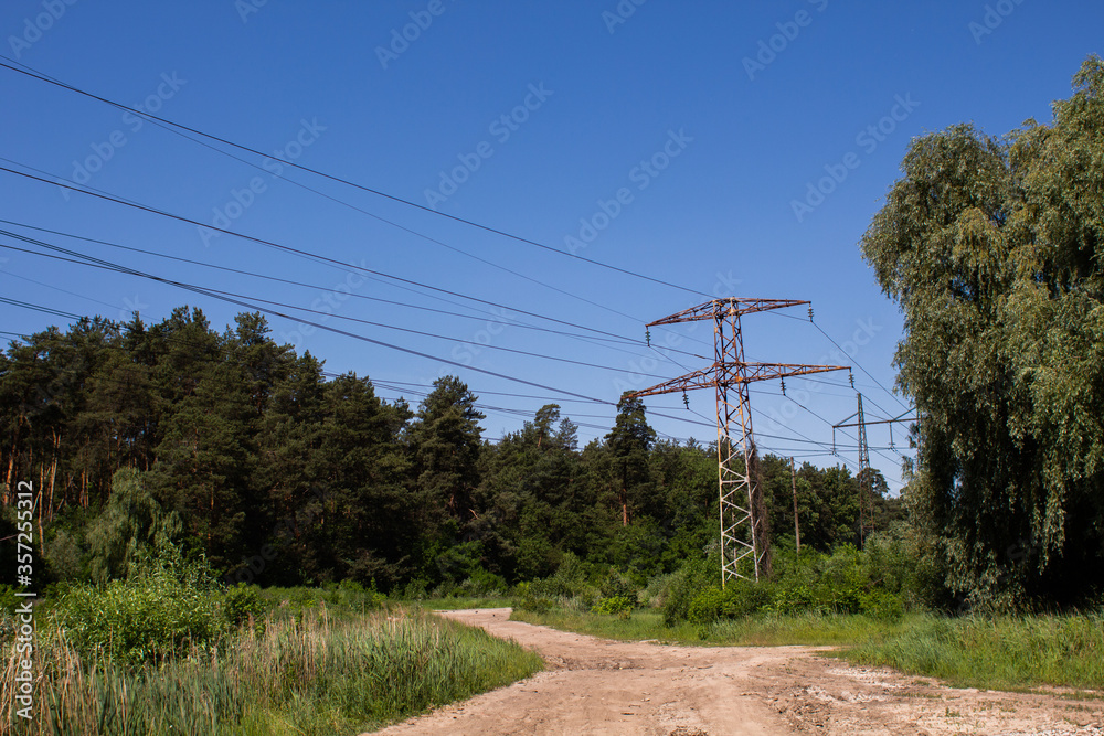 Obraz premium high voltage power lines in the forest