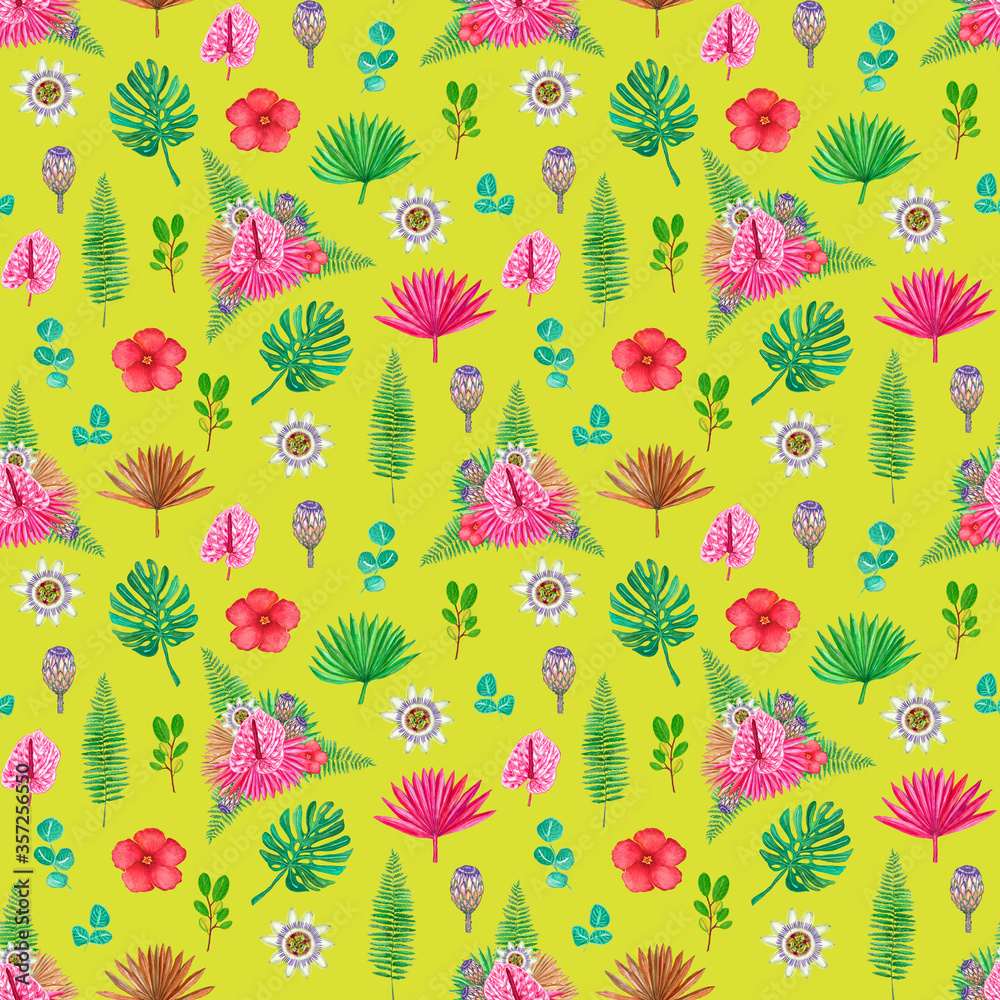 Fototapeta premium Seamless exotic pattern with tropical flowers and leaves