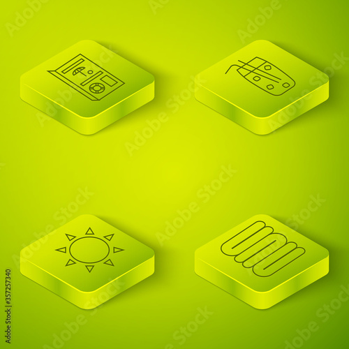 Set Isometric Cocktail and alcohol drink, Sun, Towel stack and Travel brochure icon. Vector