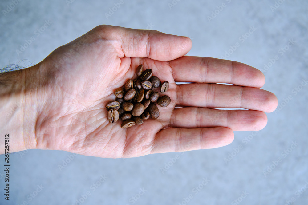 Man's hands holding freshly roasted aromatic coffee beans Man's hands holding freshly roasted aromatic coffee beans