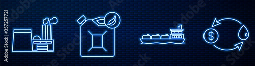 Set line Oil tanker ship, Oil industrial factory building, Bio fuel canister, Oil exchange and Oil rig with fire. Glowing neon icon on brick wall. Vector
