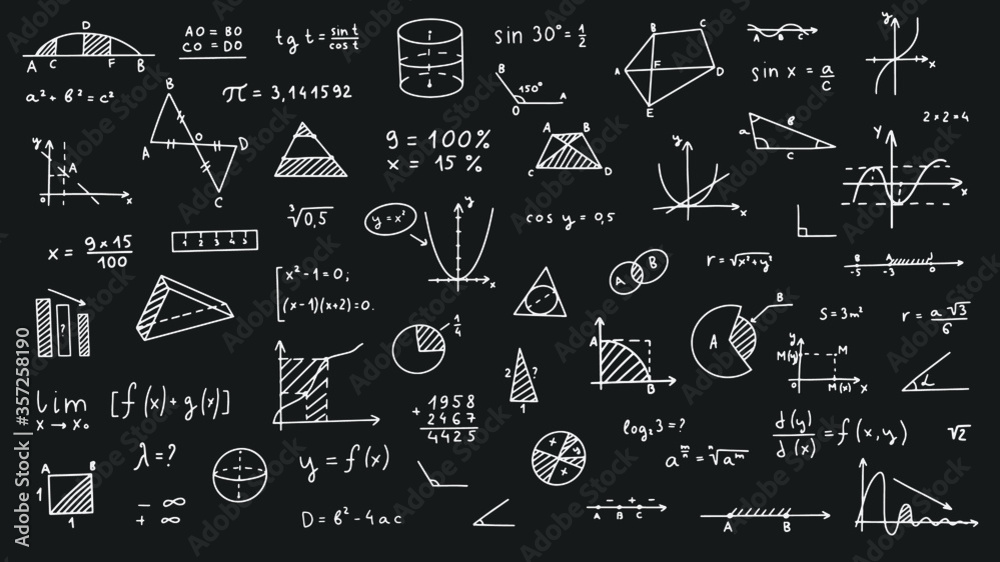 Mathematics, geometry background. Formulas, shapes, and graphics. Big vector set of mathematical objects isolated on a white background. Hand drawn.