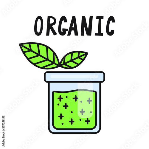 Organic green liquid in vitro. Non toxic Bank for chemical experiments. Manufacture of cosmetics.