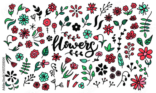 Big doodle flowers set. Clipart collection on cute garden flowers, brunches, leaves. Bundle of romantic elements. Vector hand drawn objects.