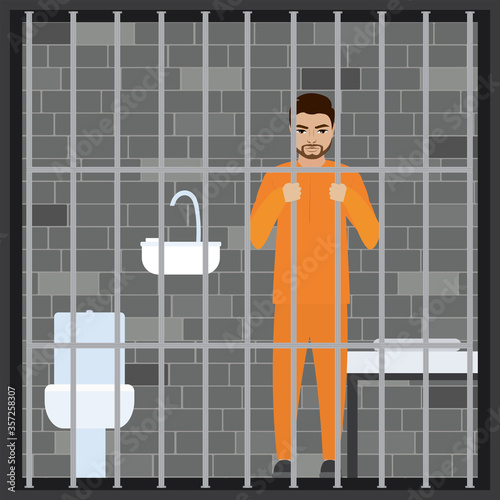 Jailed man in prison cell. Suspect, convict in Interrogation Room. Lawbreaker or offender in prison uniform.