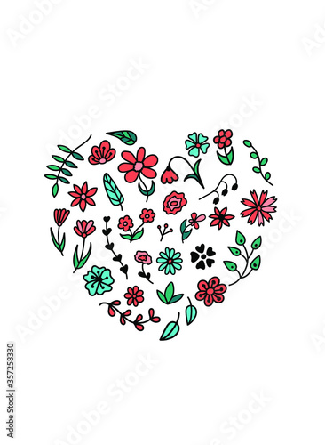 Flowers in the heart. Greeting romantic card. Hand-drawn flowers. Doodle elements collected in a pattern. Isolated on a white.