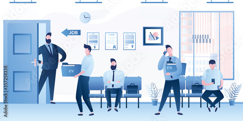 Group of  businessmen, job seekers. Boss or HR specialist. Hiring agency. Guy holds resume.