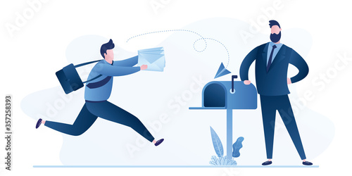 Postman running delivering letters, Businessman stands by mailbox and receives mail. Handsome male employee receive email.
