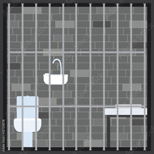Cartoon scene with empty prison room. Prison cell jail interior room with furniture.